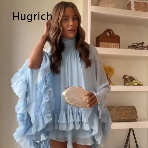 Women Fashion Photoshoot - Women Stand Collar Dress Flared Sleeve