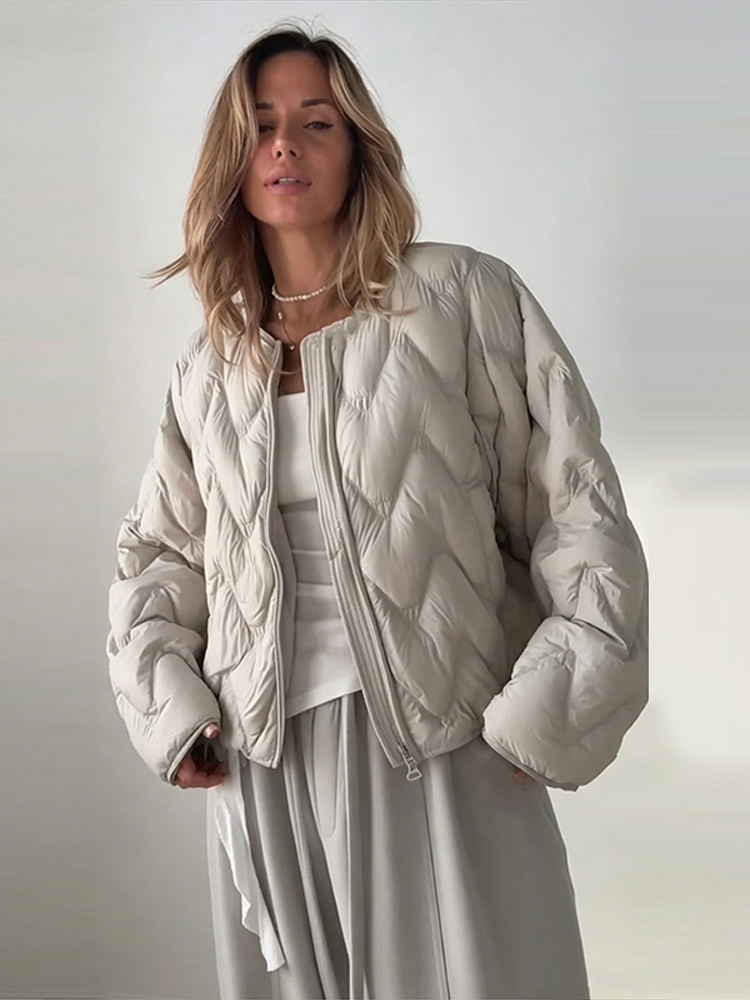 Women'S Fashion Quilted Jacket - Wave Quilted Puffer Crew Neck Zip