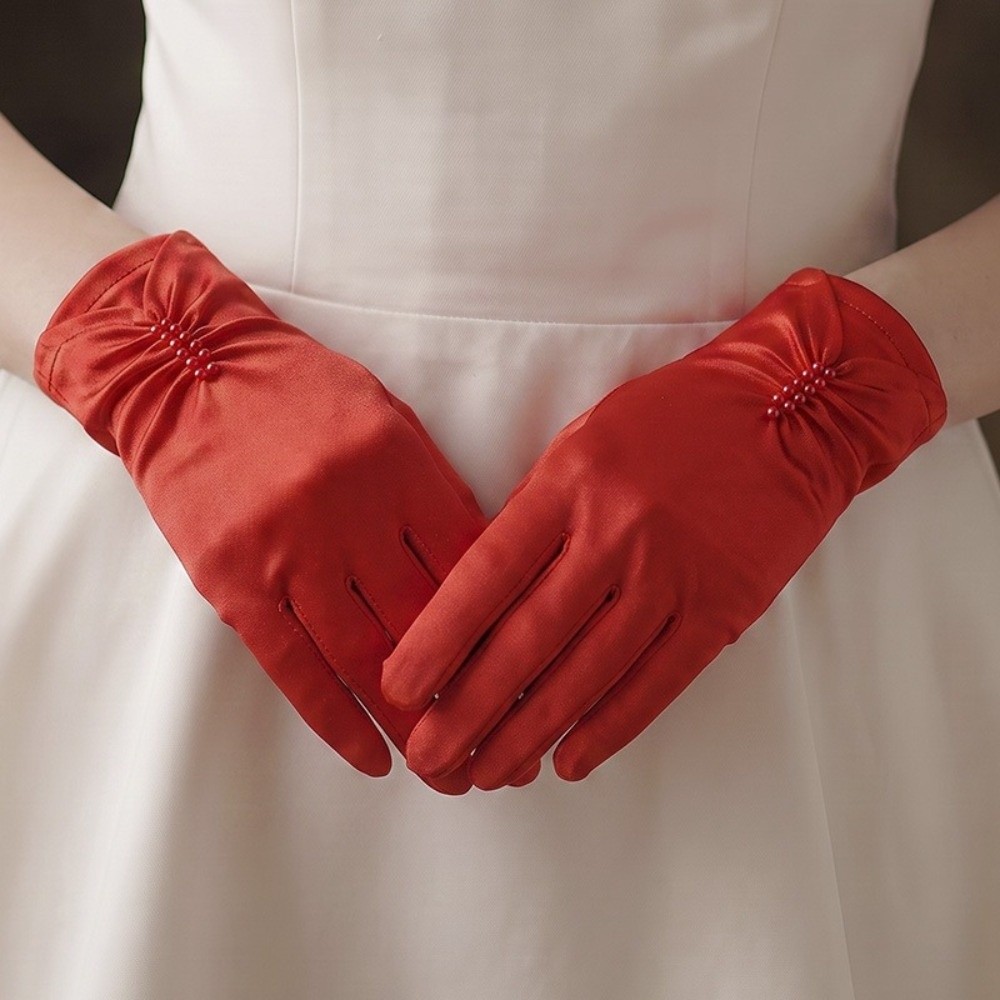 Women Fashion Photoshoot - Satin Material Bridal Gloves Pearl Decor
