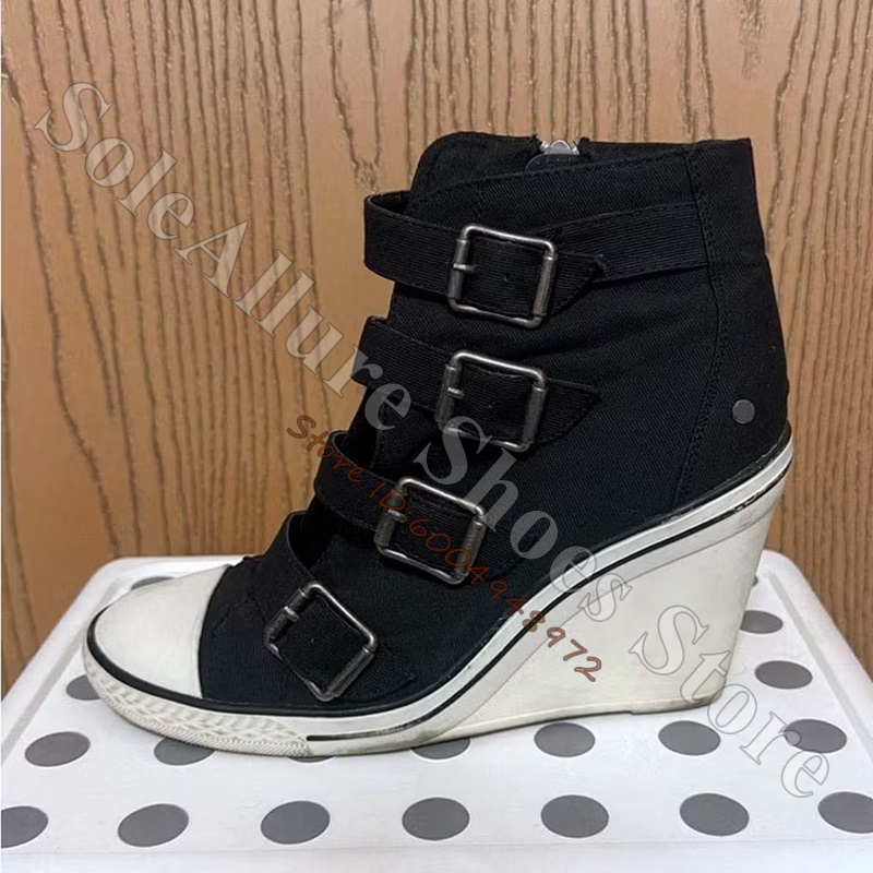 Women'S Fashion Hats - Grey Multi Buckle High Top Wedge